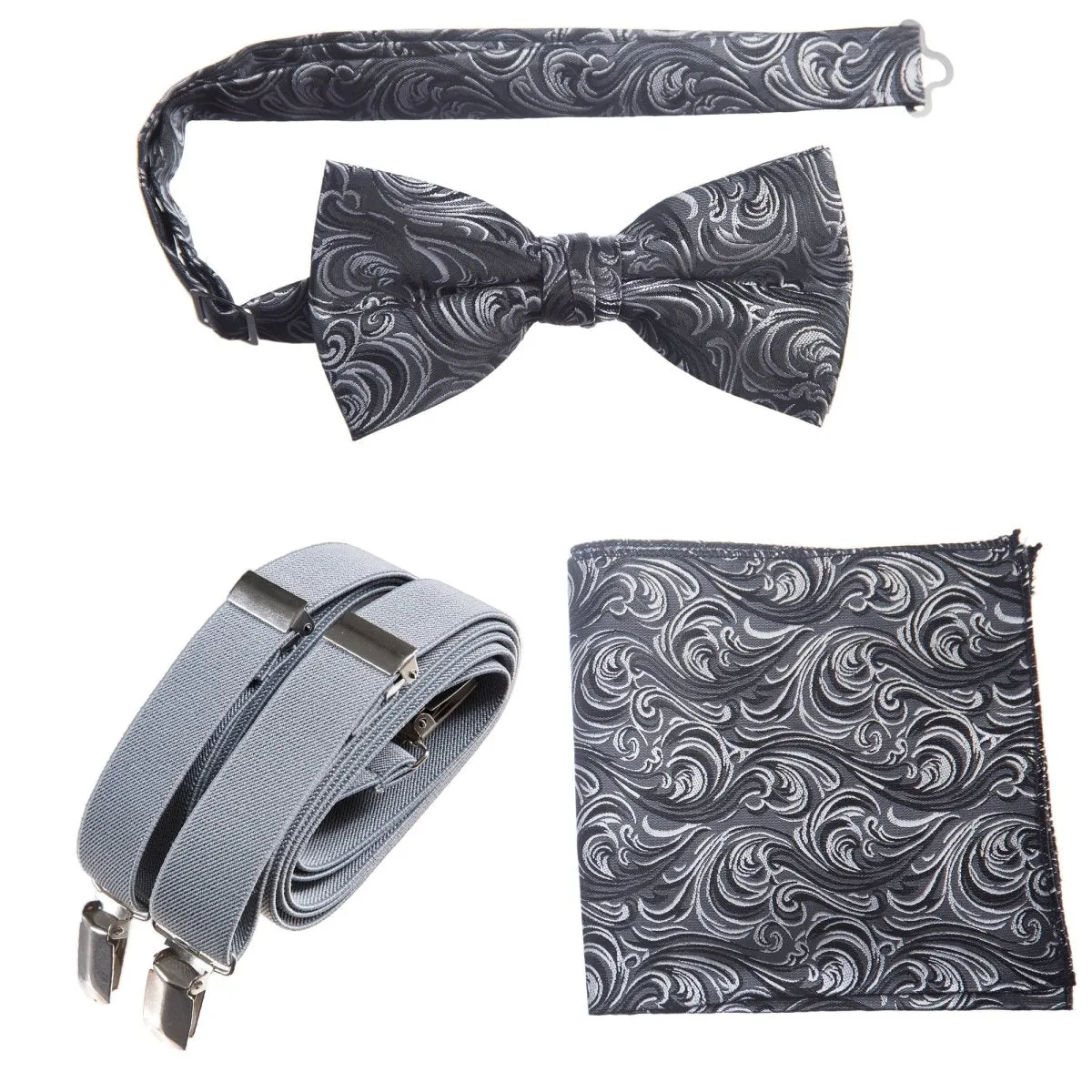 Pre-tied Bow Tie & Pocket Square Paisley Jacquard with Adjustable Stretch Suspender - RENTAL