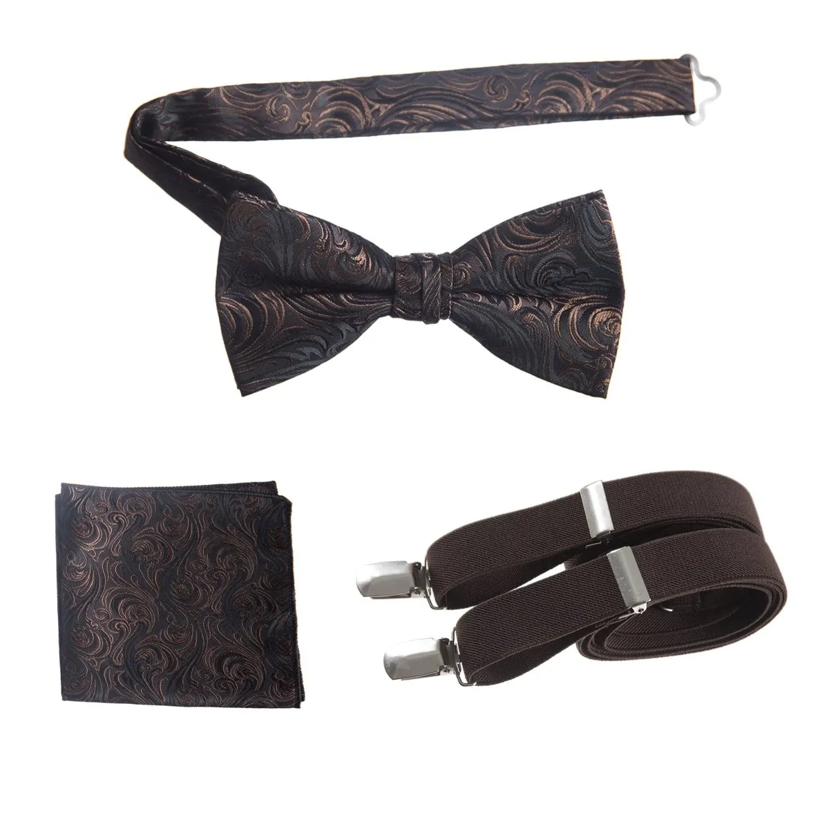 Pre-tied Bow Tie & Pocket Square Paisley Jacquard with Adjustable Stretch Suspender - RENTAL