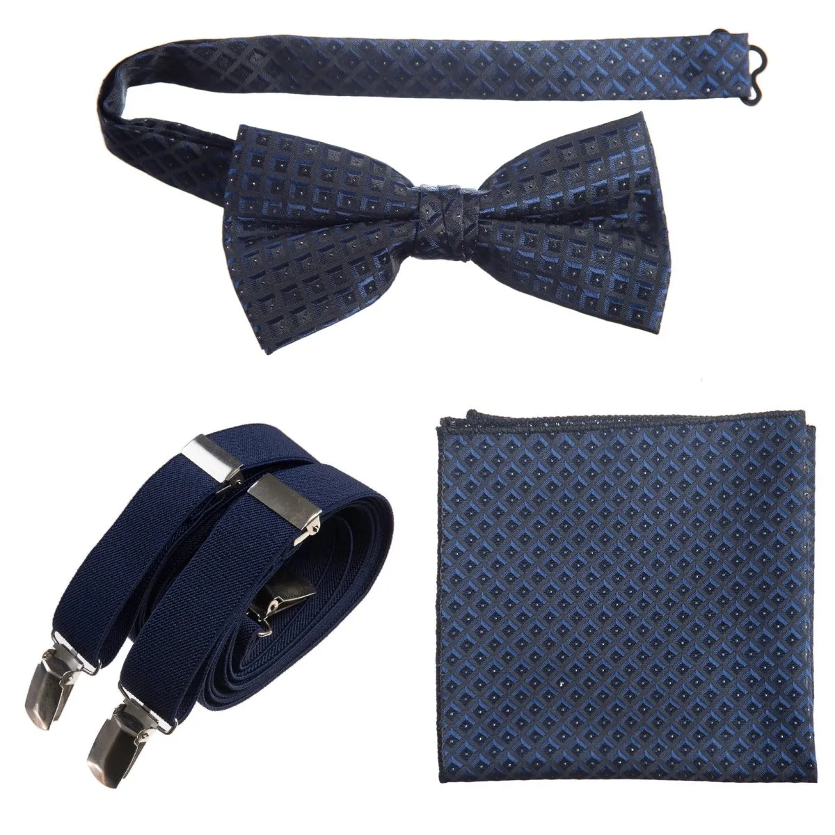 Pre-tied Bow Tie & Pocket Square Paisley Jacquard with Adjustable Stretch Suspender - RENTAL