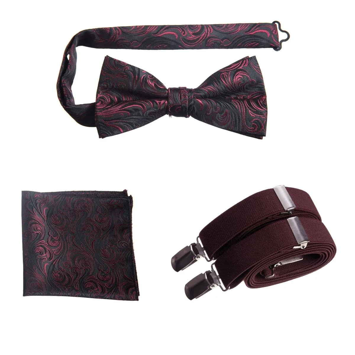 Pre-tied Bow Tie & Pocket Square Paisley Jacquard with Adjustable Stretch Suspender - RENTAL