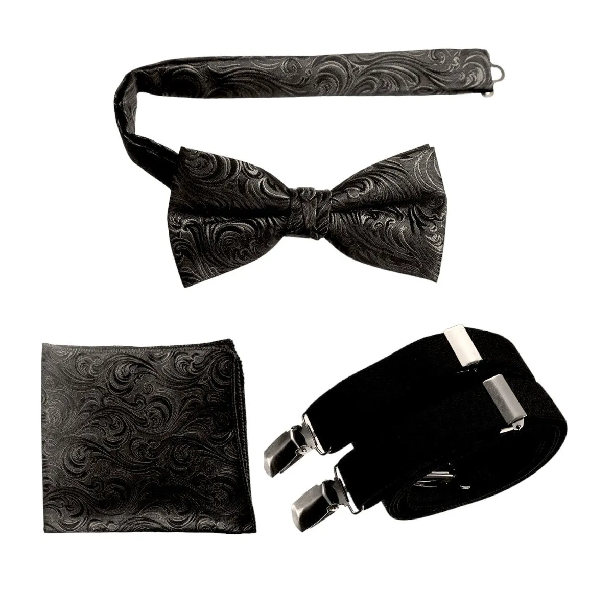 Pre-tied Bow Tie & Pocket Square Paisley Jacquard with Adjustable Stretch Suspender - RENTAL