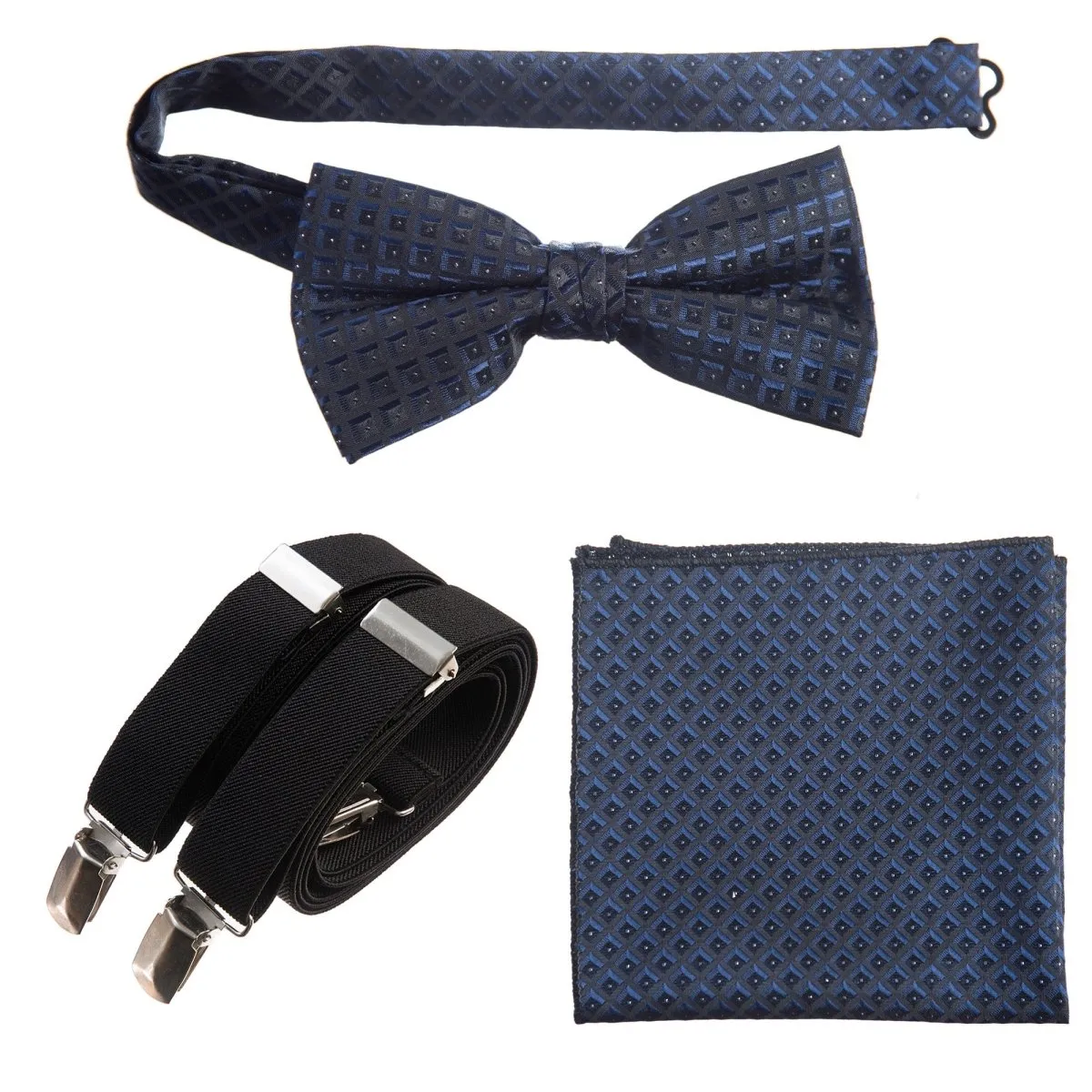 Pre-tied Bow Tie & Pocket Square Paisley Jacquard with Adjustable Stretch Suspender - RENTAL