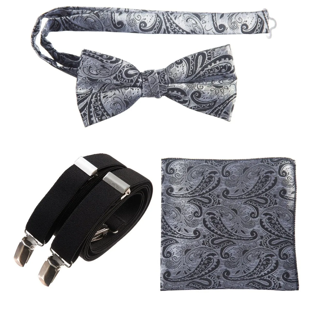 Pre-tied Bow Tie & Pocket Square Paisley Jacquard with Adjustable Stretch Suspender - RENTAL