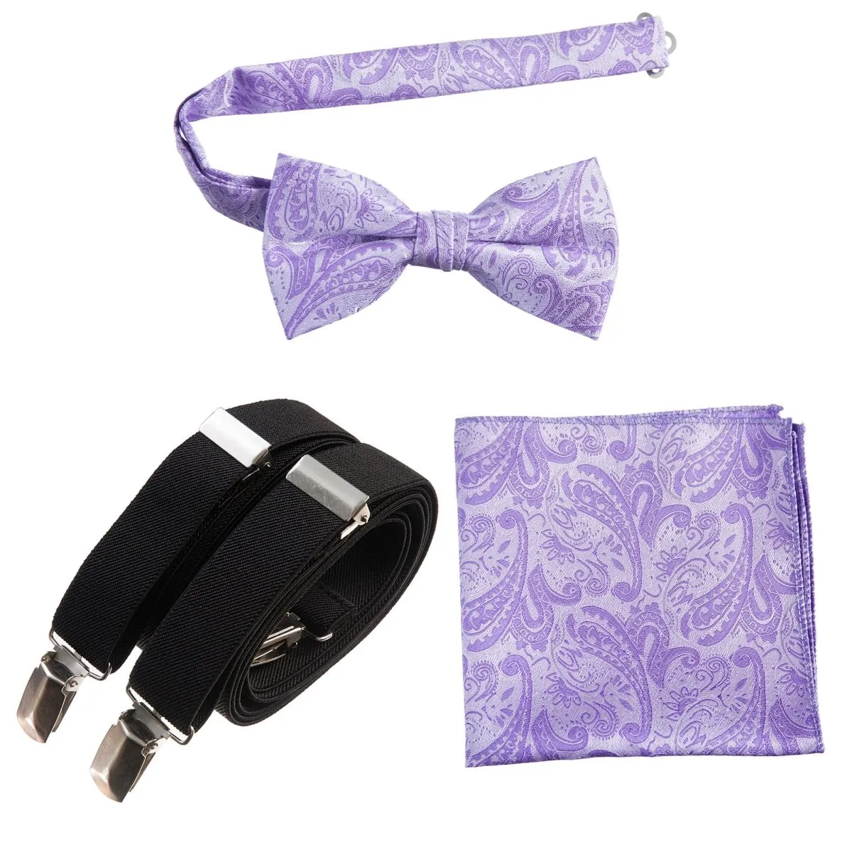 Pre-tied Bow Tie & Pocket Square Paisley Jacquard with Adjustable Stretch Suspender - RENTAL