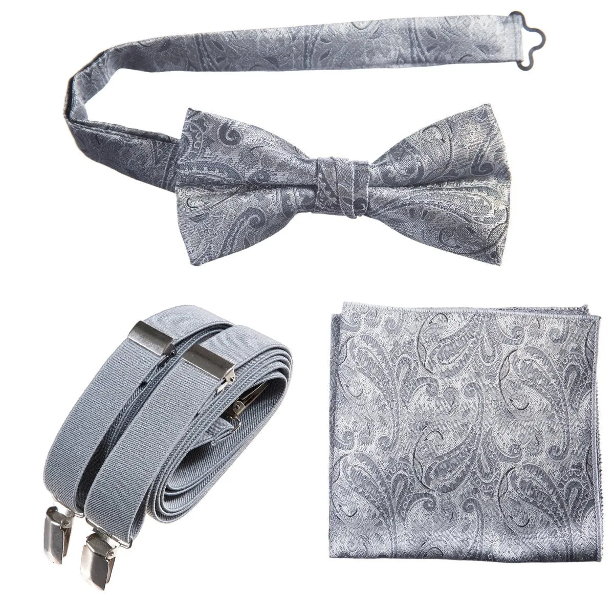 Pre-tied Bow Tie & Pocket Square Paisley Jacquard with Adjustable Stretch Suspender - RENTAL