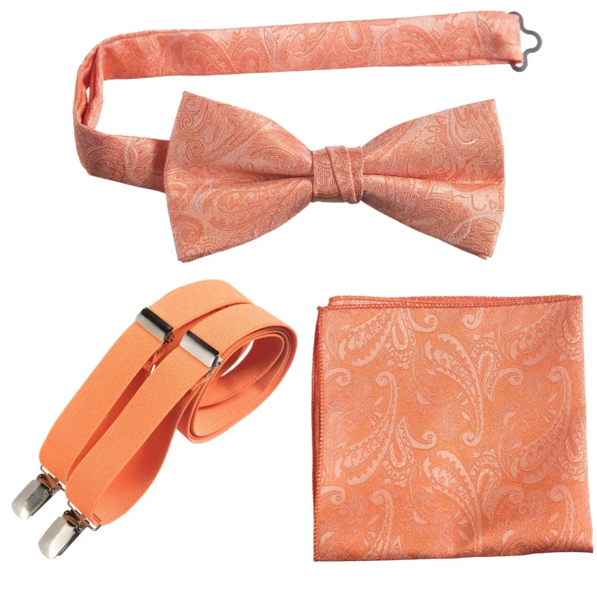 Pre-tied Bow Tie & Pocket Square Paisley Jacquard with Adjustable Stretch Suspender - RENTAL