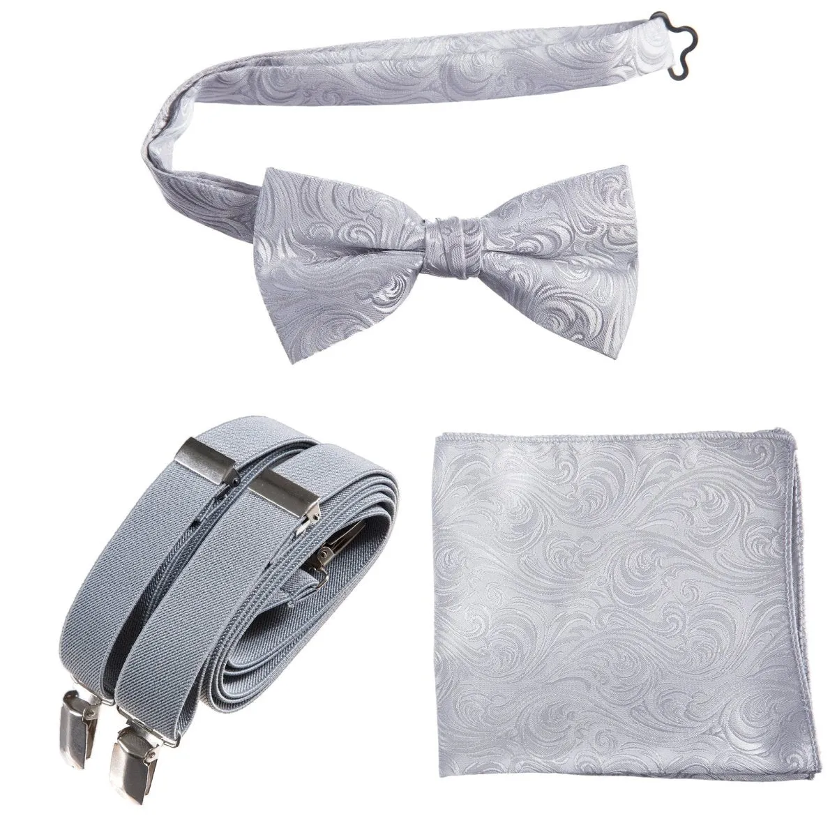 Pre-tied Bow Tie & Pocket Square Paisley Jacquard with Adjustable Stretch Suspender - RENTAL