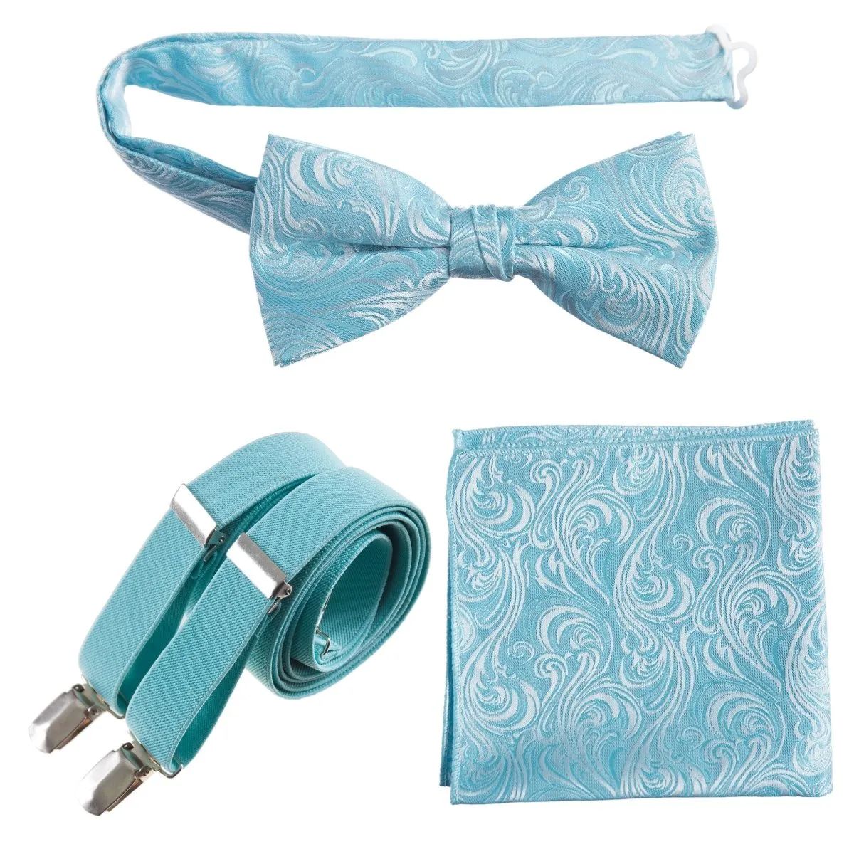 Pre-tied Bow Tie & Pocket Square Paisley Jacquard with Adjustable Stretch Suspender - RENTAL