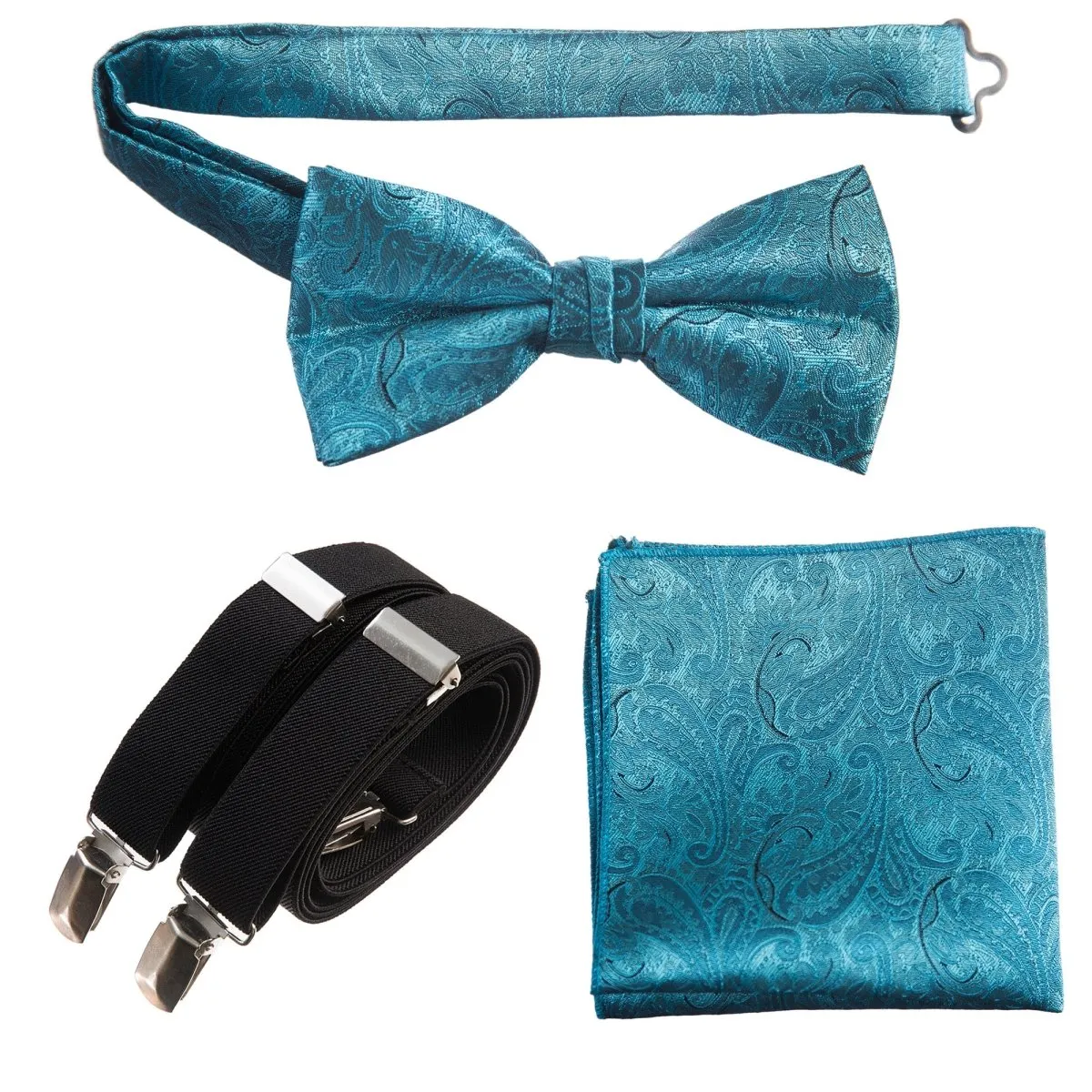 Pre-tied Bow Tie & Pocket Square Paisley Jacquard with Adjustable Stretch Suspender - RENTAL