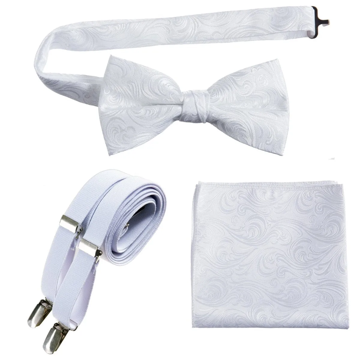 Pre-tied Bow Tie & Pocket Square Paisley Jacquard with Adjustable Stretch Suspender - RENTAL