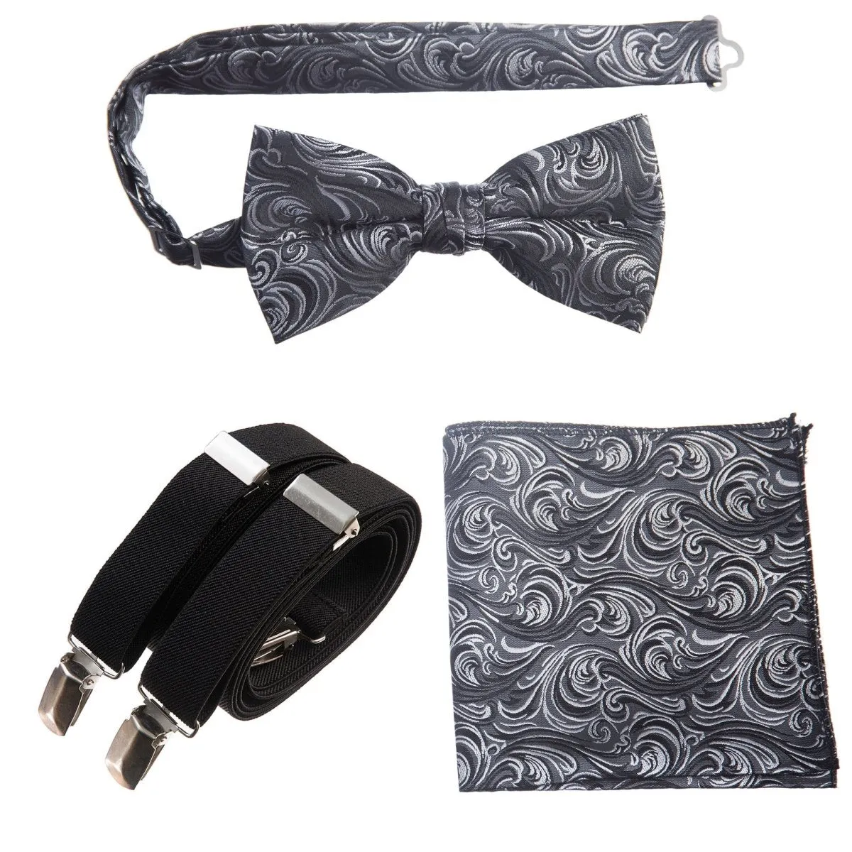 Pre-tied Bow Tie & Pocket Square Paisley Jacquard with Adjustable Stretch Suspender - RENTAL