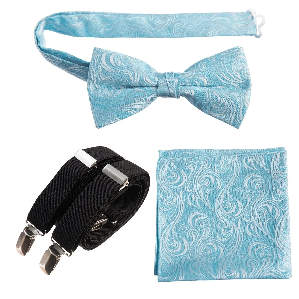 Pre-tied Bow Tie & Pocket Square Paisley Jacquard with Adjustable Stretch Suspender - RENTAL