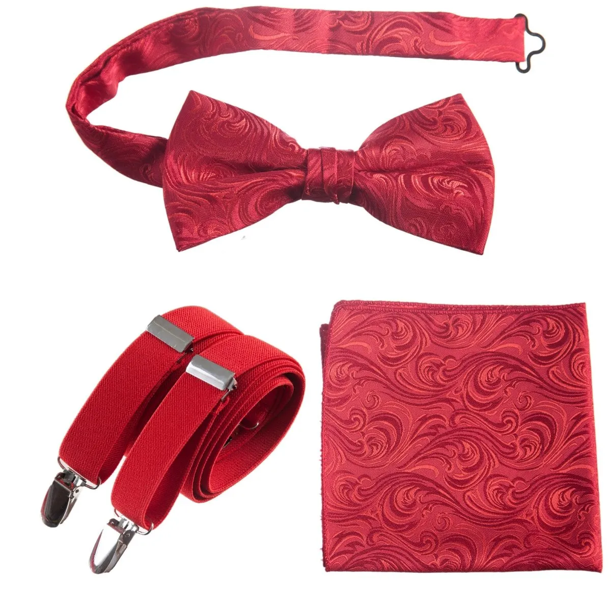 Pre-tied Bow Tie & Pocket Square Paisley Jacquard with Adjustable Stretch Suspender - RENTAL