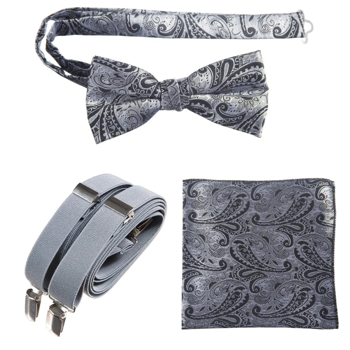 Pre-tied Bow Tie & Pocket Square Paisley Jacquard with Adjustable Stretch Suspender - RENTAL