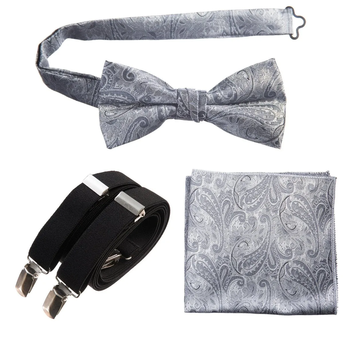 Pre-tied Bow Tie & Pocket Square Paisley Jacquard with Adjustable Stretch Suspender - RENTAL