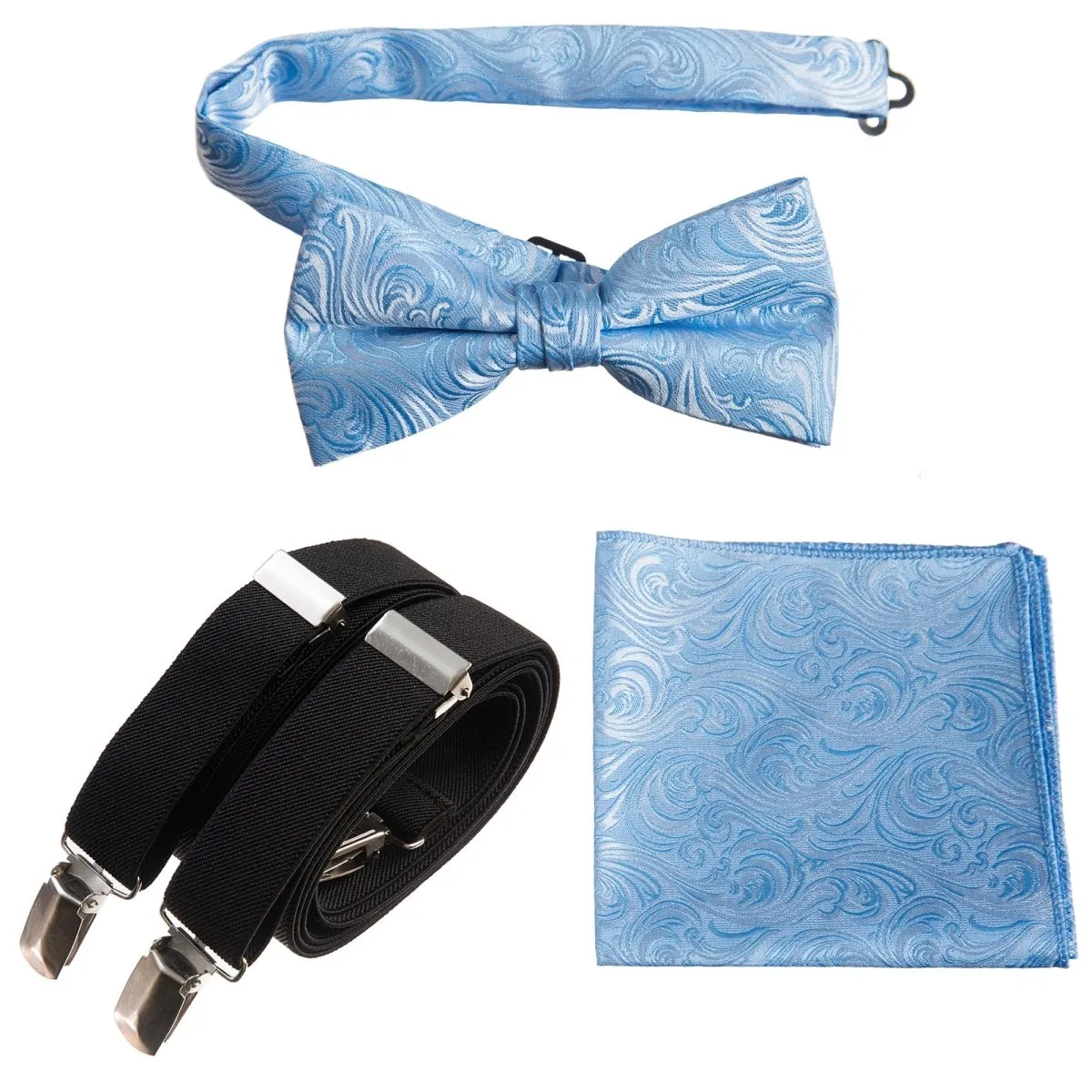 Pre-tied Bow Tie & Pocket Square Paisley Jacquard with Adjustable Stretch Suspender - RENTAL