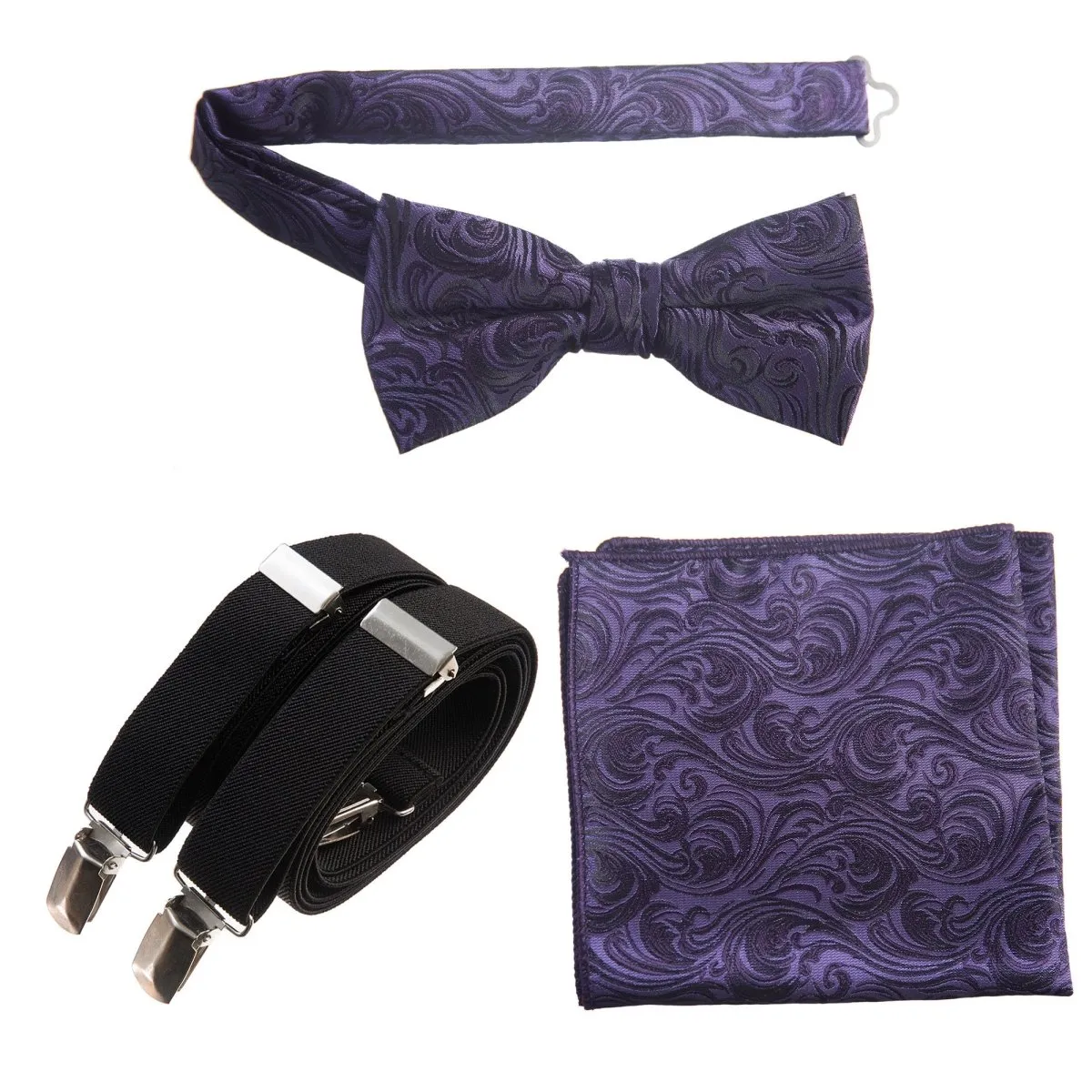 Pre-tied Bow Tie & Pocket Square Paisley Jacquard with Adjustable Stretch Suspender - RENTAL