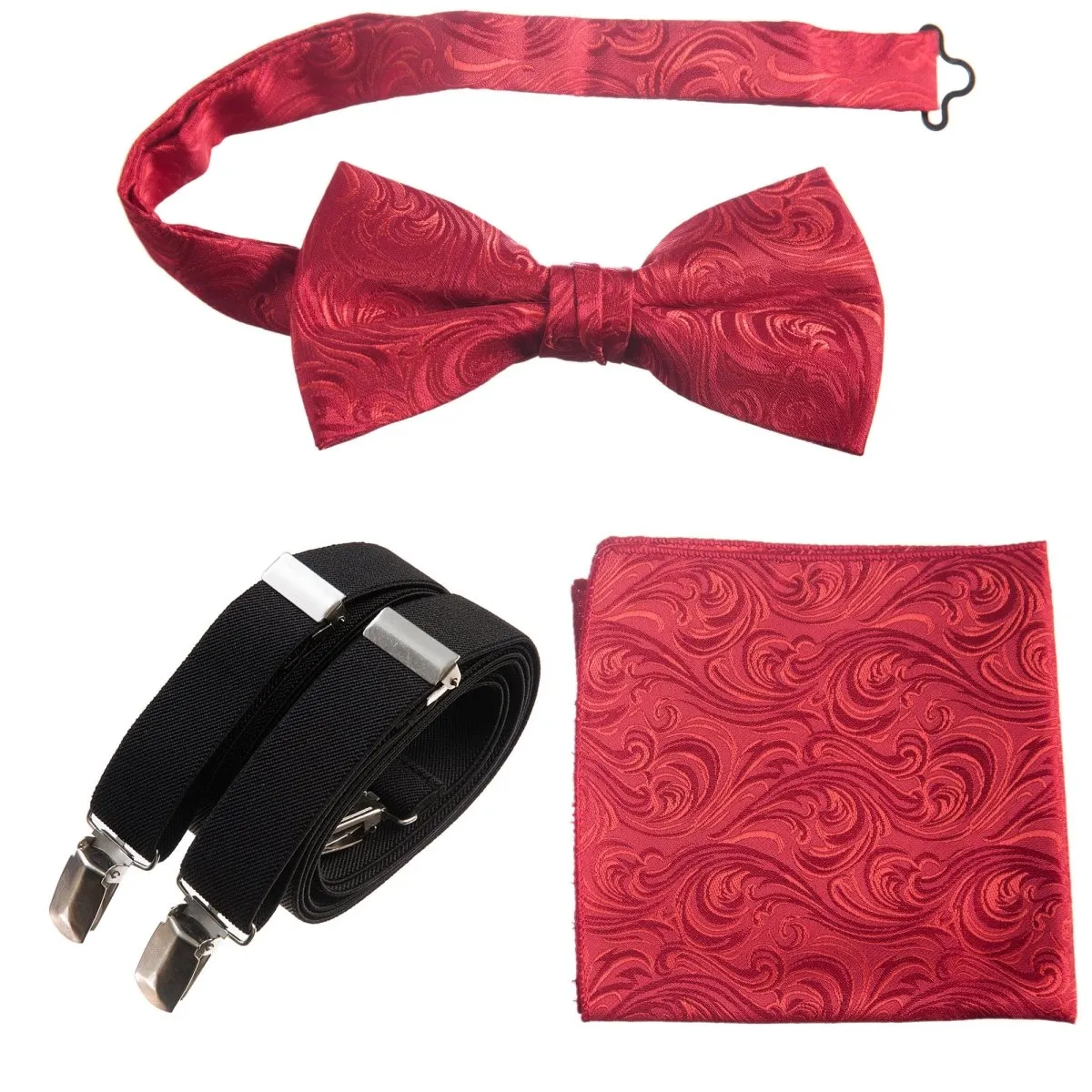 Pre-tied Bow Tie & Pocket Square Paisley Jacquard with Adjustable Stretch Suspender