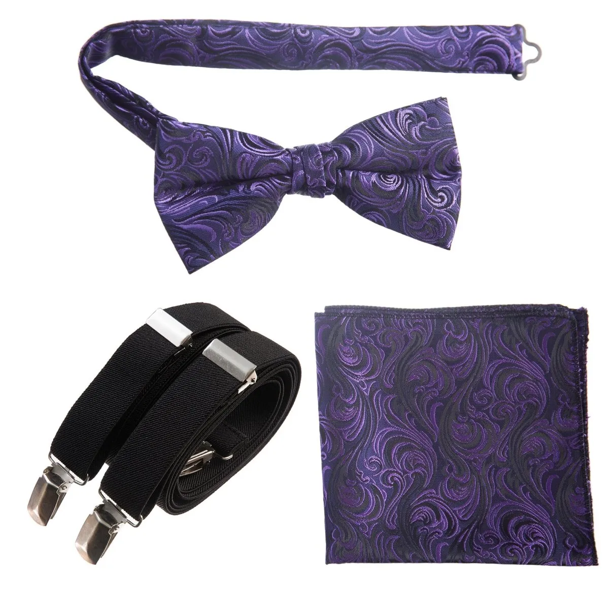 Pre-tied Bow Tie & Pocket Square Paisley Jacquard with Adjustable Stretch Suspender