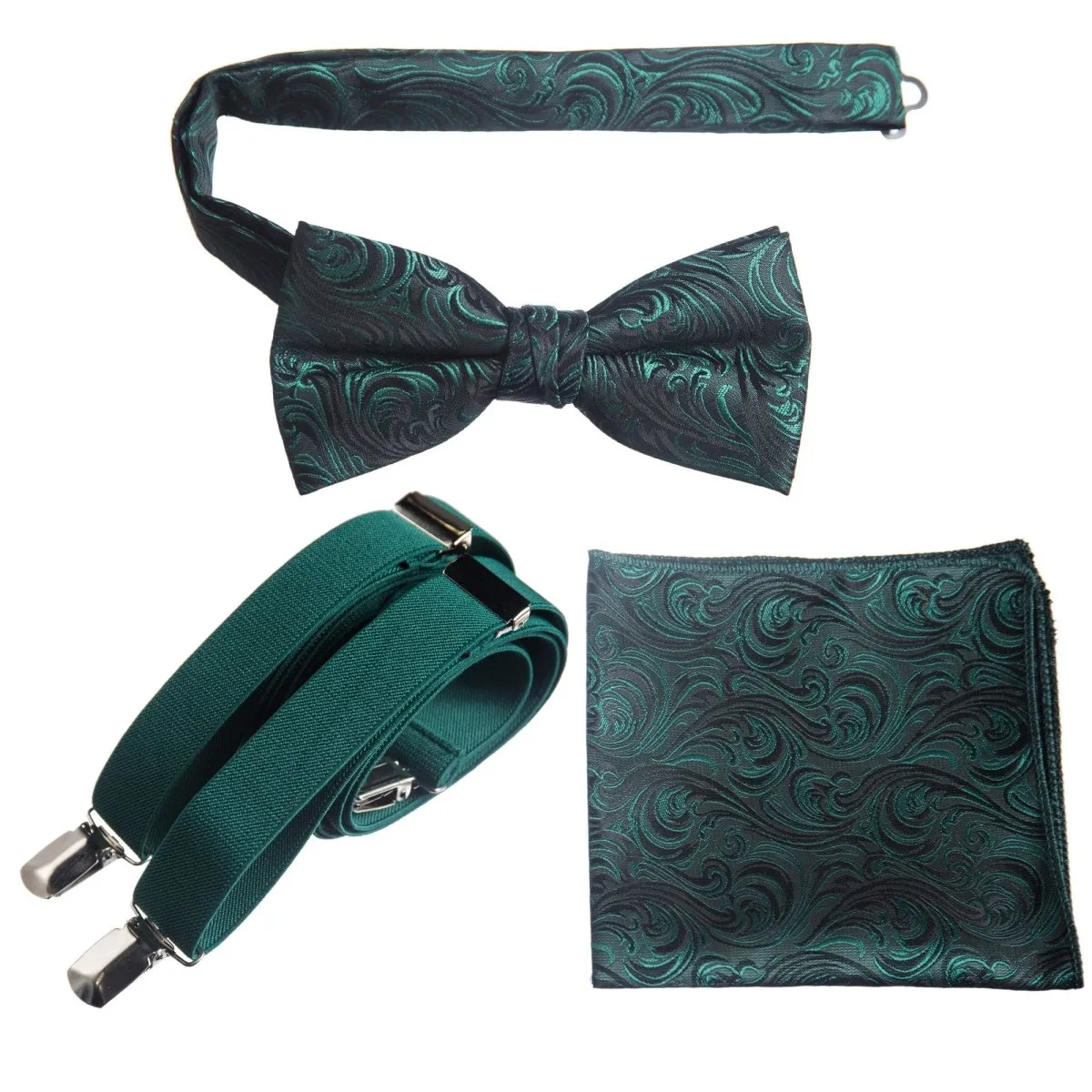 Pre-tied Bow Tie & Pocket Square Paisley Jacquard with Adjustable Stretch Suspender