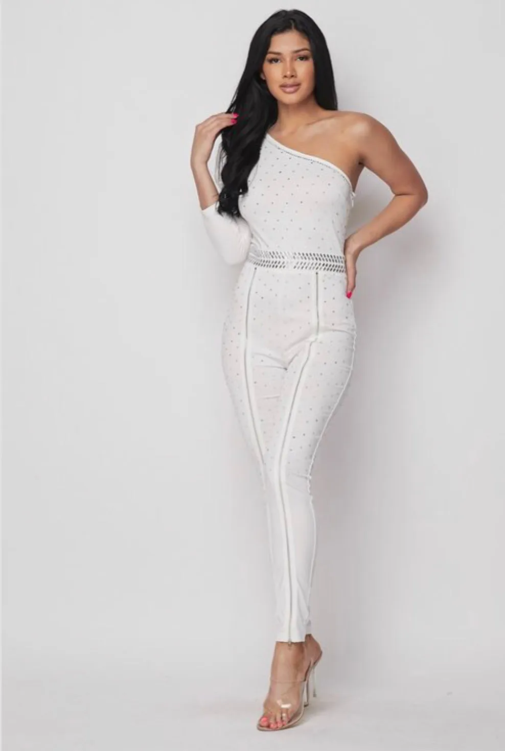 Princess Kira White One Shoulder Rhinestone Jumpsuit