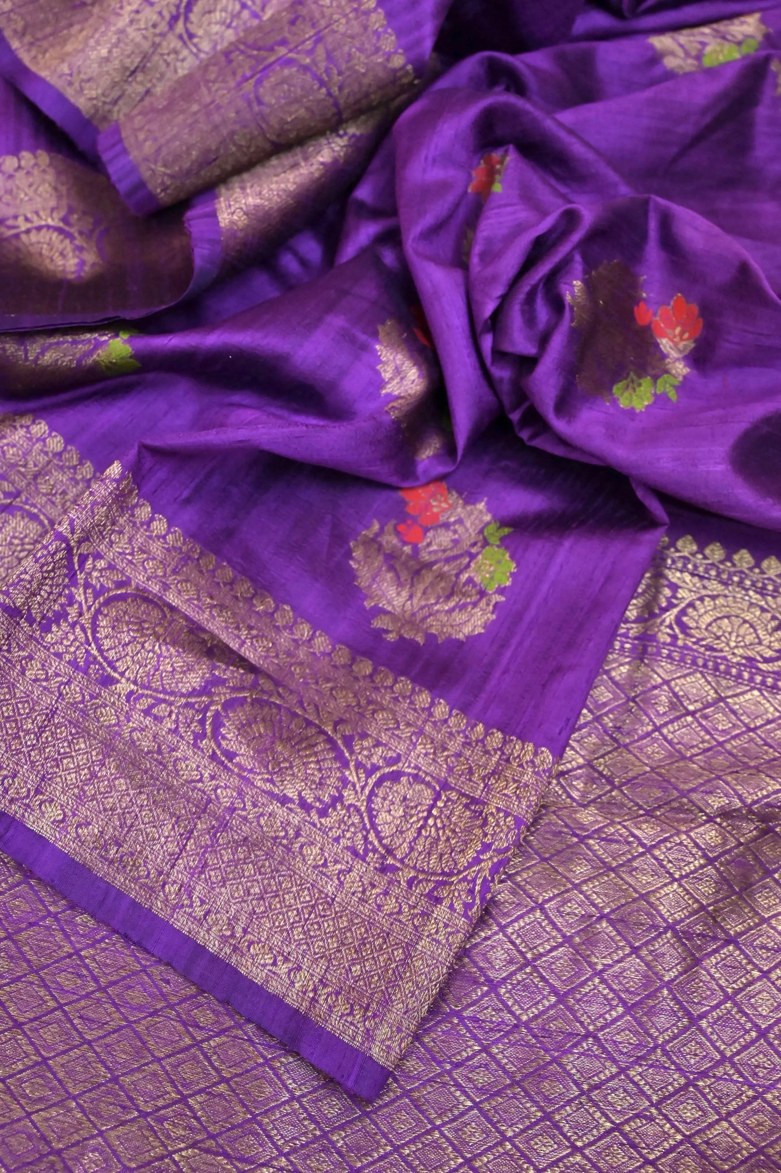 Purple Color Pure Raw Silk Banarasi Saree with Meenakari Butta and Antique Zari Border