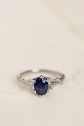 READY TO SHIP: Freesia in 14K white gold, oval cut natural blue sapphire, AVAILABLE RING SIZES: 6-8 US