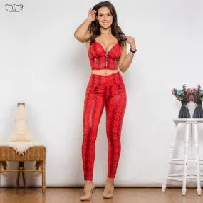 Red Snake Printed Tracksuit Women Two Piece Set Sleeveless Strapless Crop Top And High Waist Leggings Bodycon