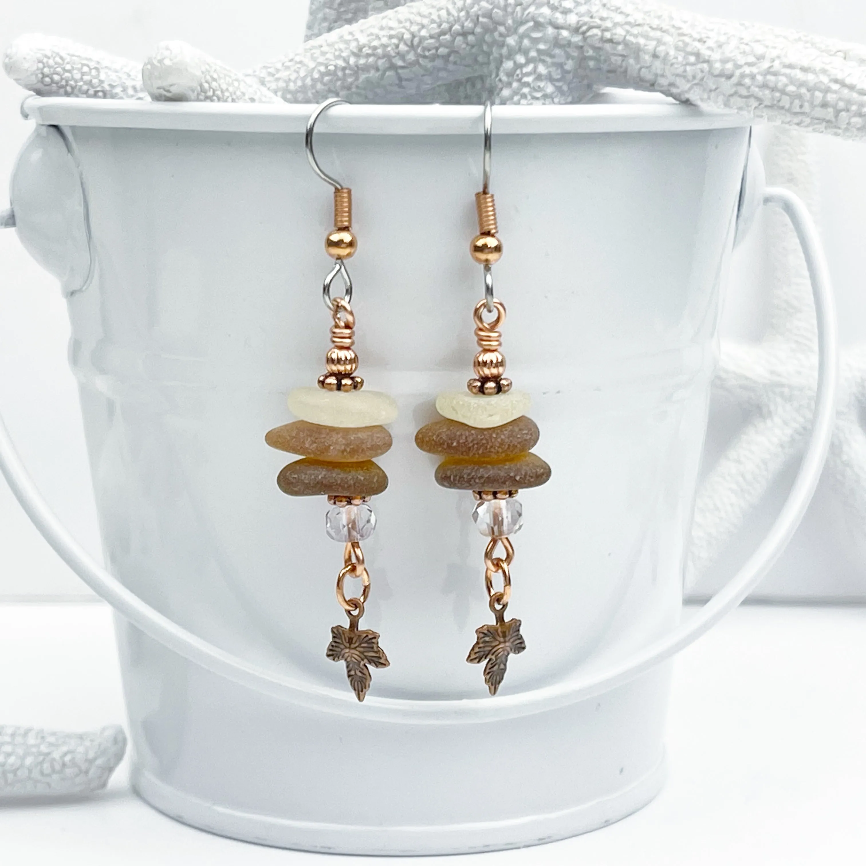 Rootbeer and Amber Sea Glass Earrings with Swarovski Beads and Copper Maple Leaf Charms | # 5066