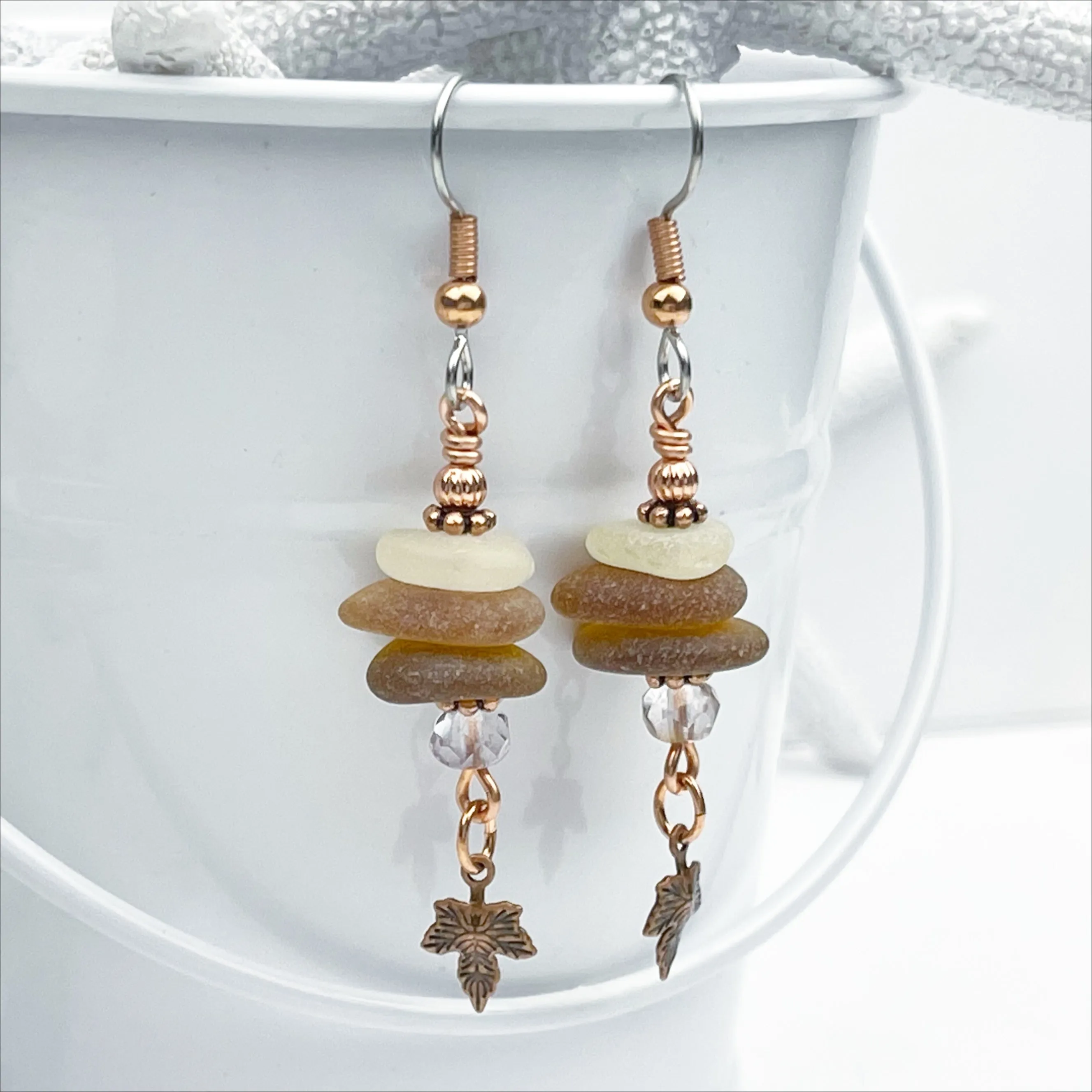 Rootbeer and Amber Sea Glass Earrings with Swarovski Beads and Copper Maple Leaf Charms | # 5066