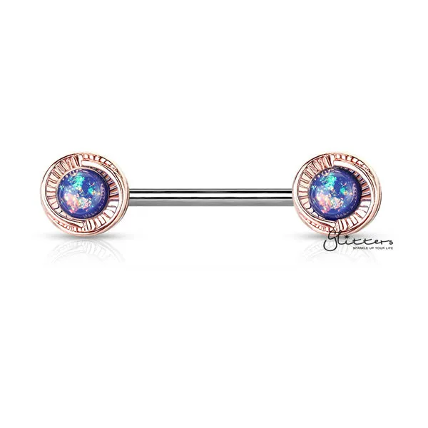 Rose Gold Plated Round Flower with Opal Glitter Centered Barbell Nipple Rings - Blue