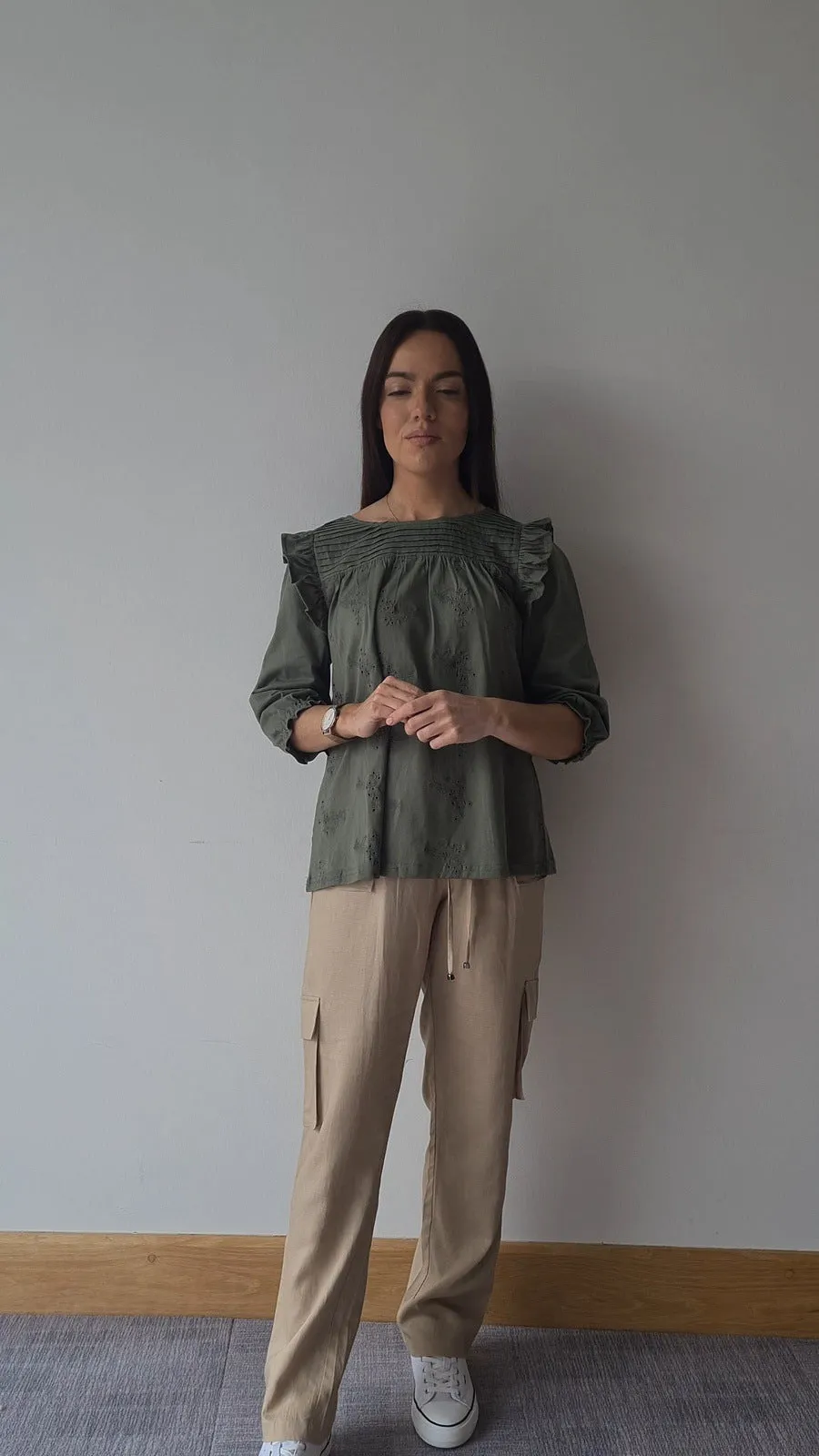 Ruffle Top With Pleat Yoke - Green