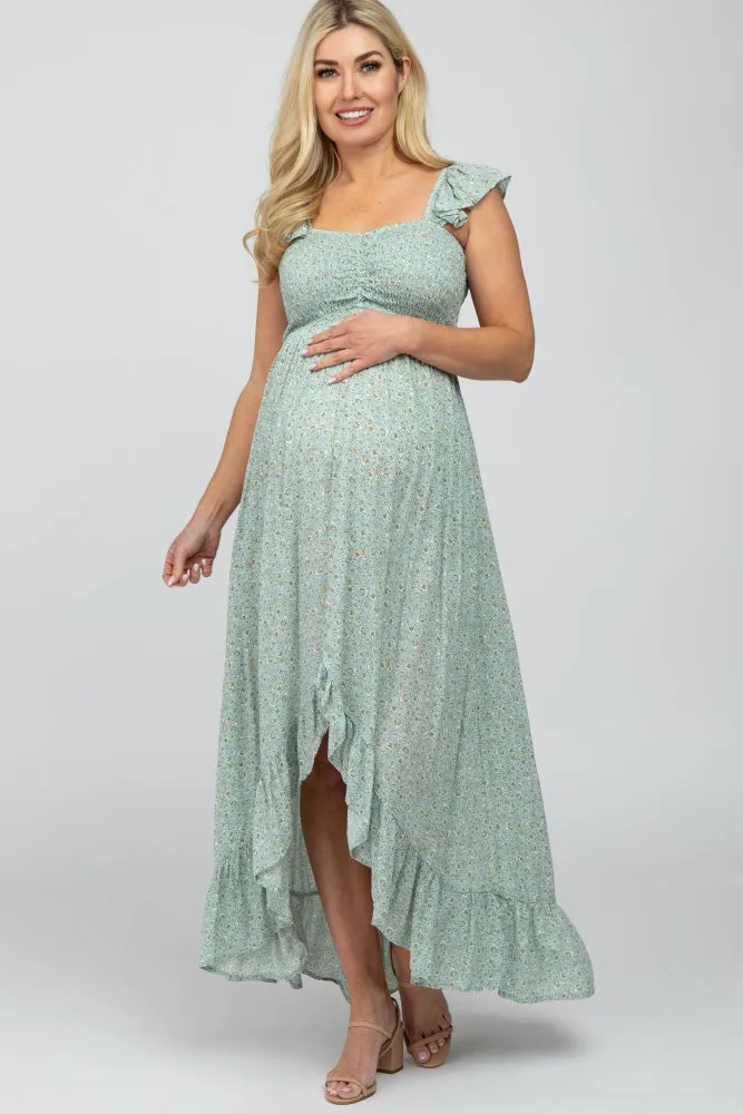 Sage Floral Smocked Hi-Low Maternity Maxi Dress