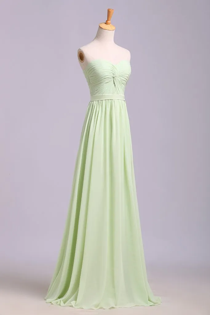 Sage Simple A-Line Chiffon Belt Floor Length Sweetheart Long Prom Dresses