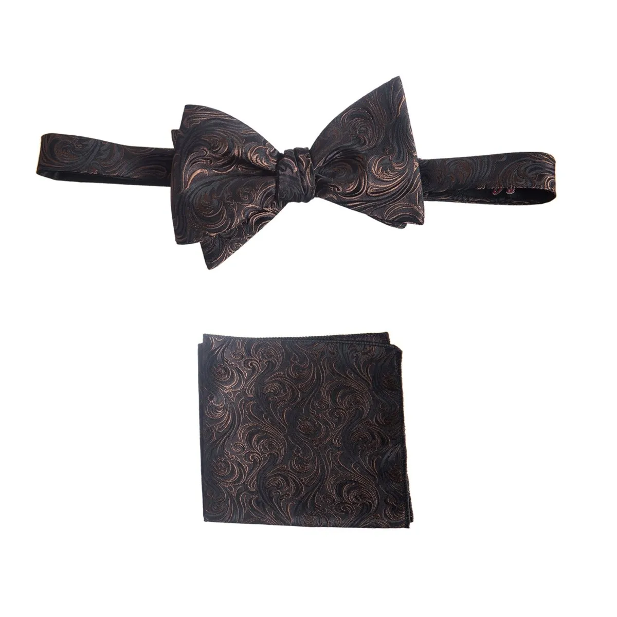 Self Tie Bow Tie and Pocket Square Handkerchief Set of Satin Paisley Jacquard