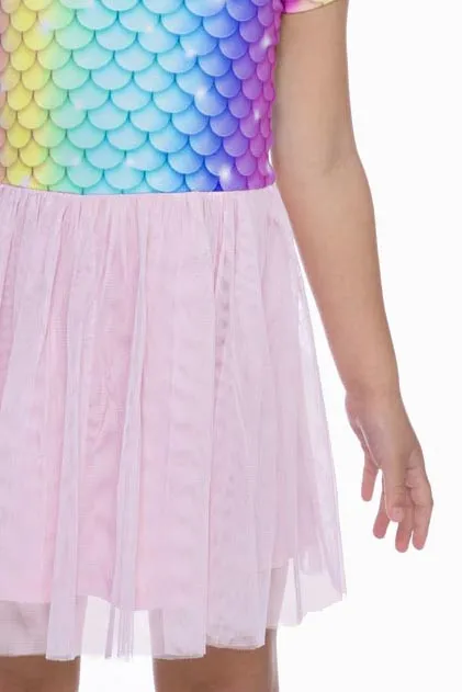 Simply Soft Short Sleeve Be Happy Tulle Dress - Pink Rainbow Mermaid