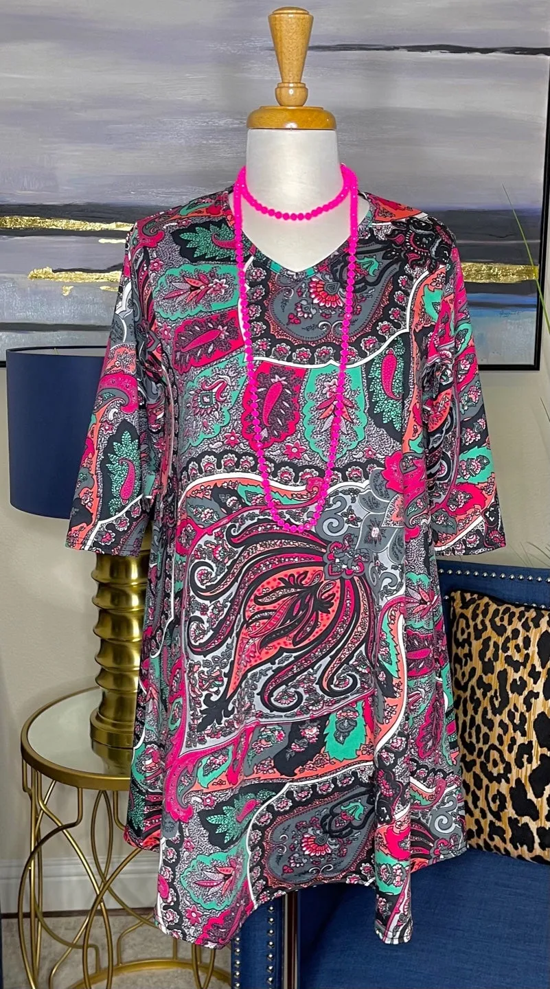 SMALL : Pink, Grey, & Mint Paisley Flutter Tunic