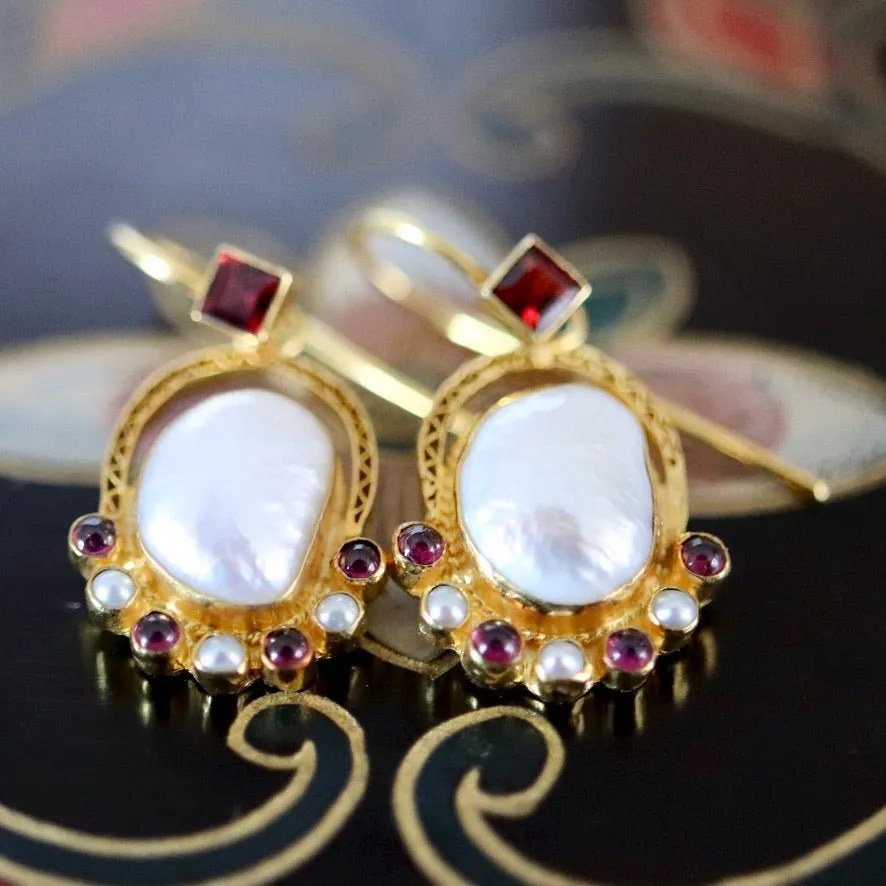 Sotherby 14k Gold, Pearl and Garnet Earrings