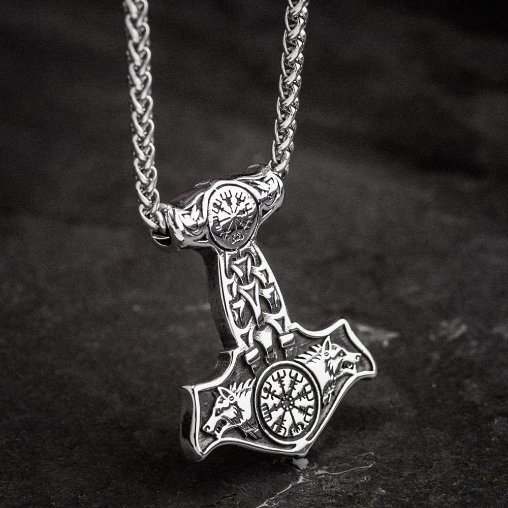 Stainless Steel Mjolnir With Fenrir and Vegvisir Designs