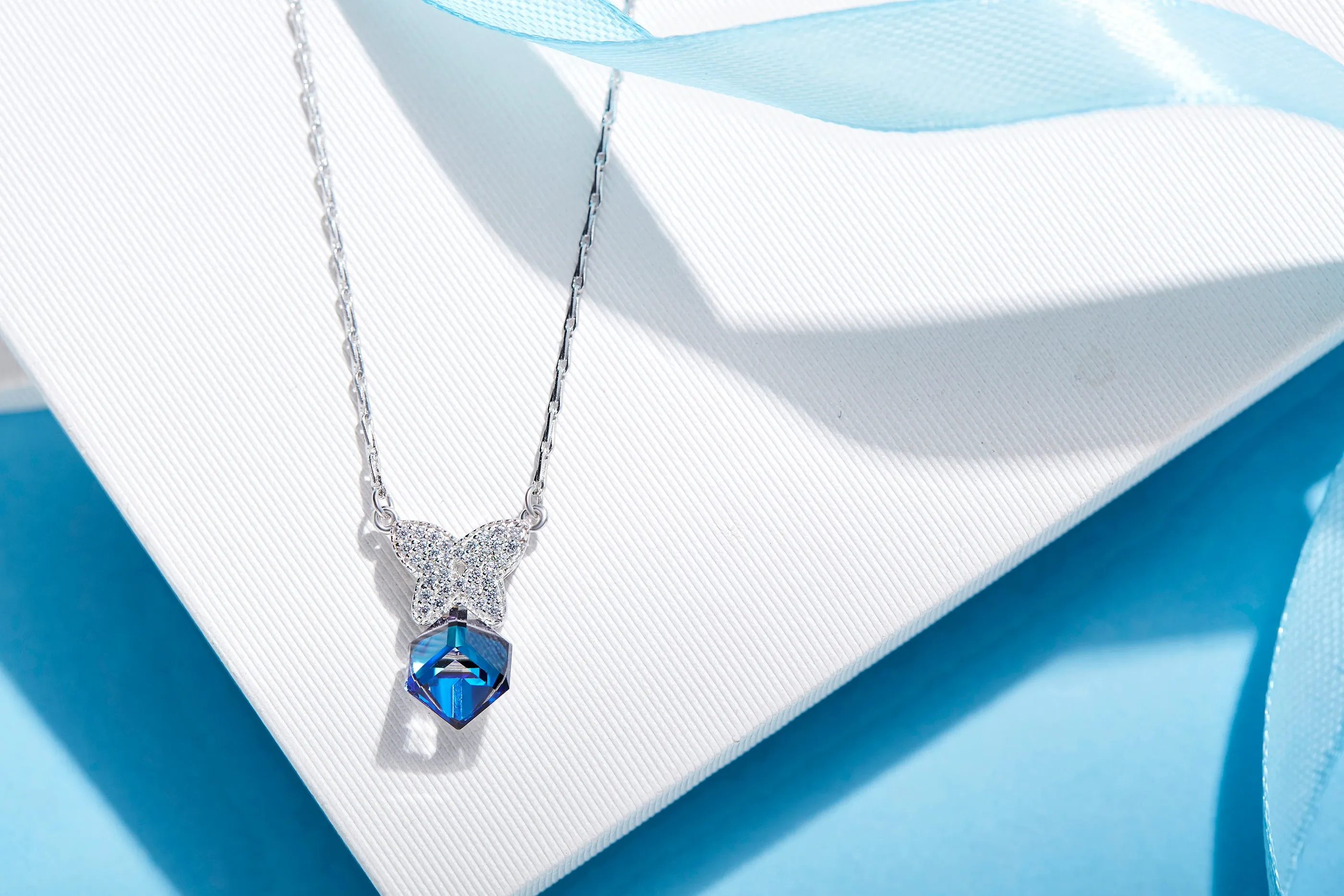 Sterling silver cubic sapphire butterfly necklace