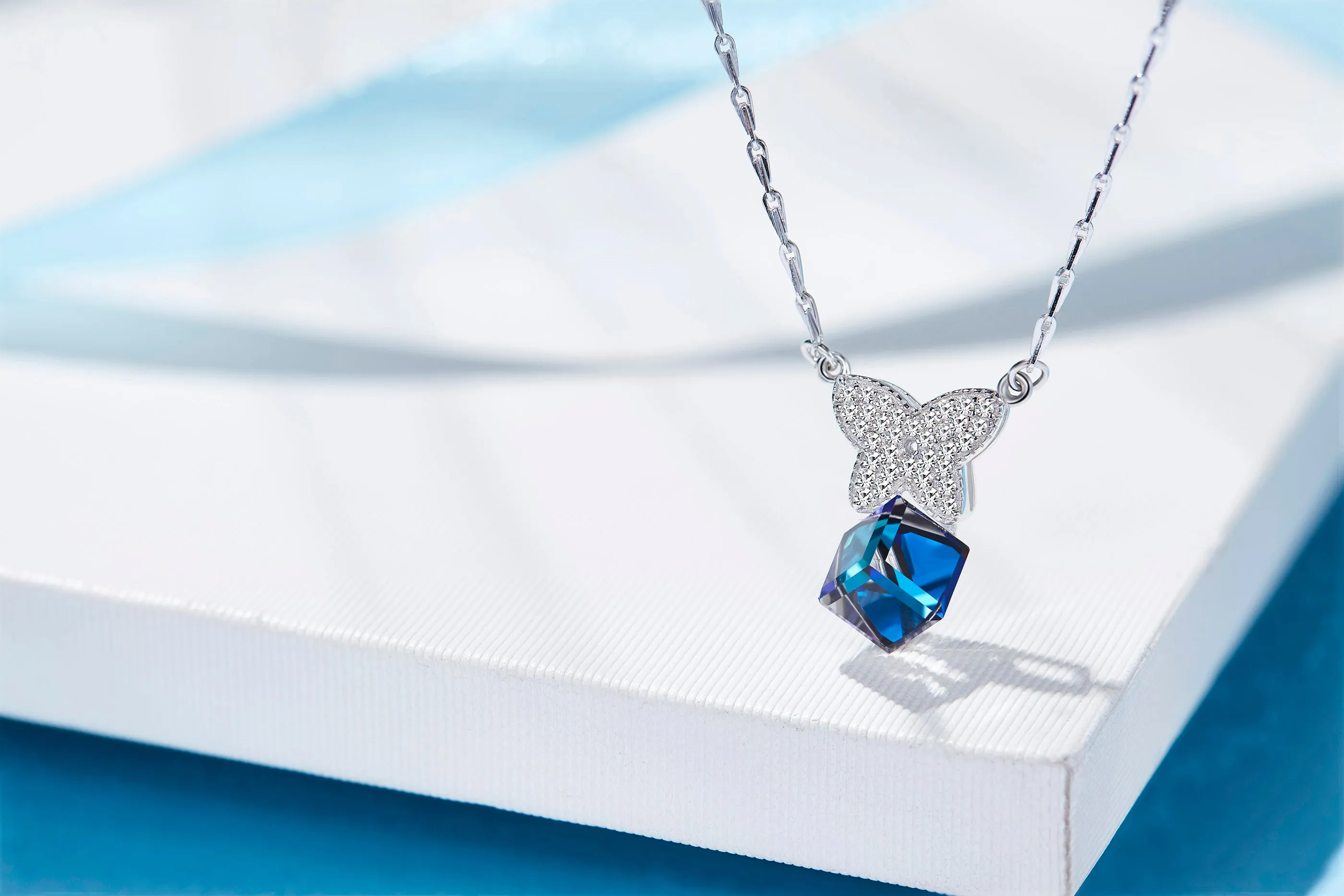 Sterling silver cubic sapphire butterfly necklace