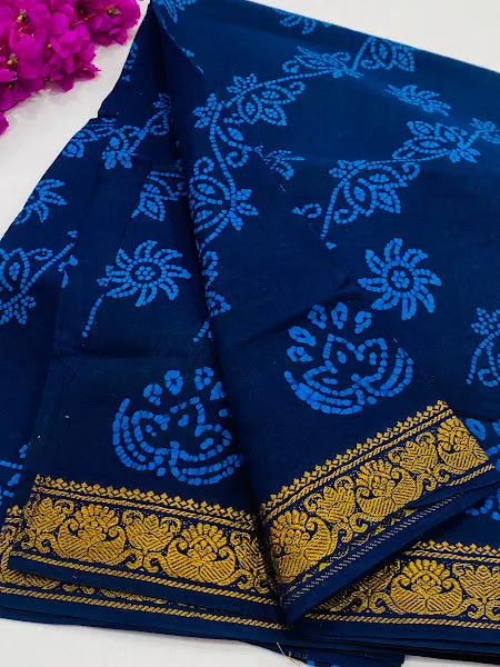 Traditional Blue Color Pure Cotton Floral Paisley Small Zari Border Sungudi Saree