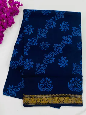 Traditional Blue Color Pure Cotton Floral Paisley Small Zari Border Sungudi Saree