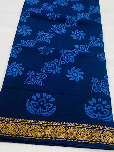 Traditional Blue Color Pure Cotton Floral Paisley Small Zari Border Sungudi Saree