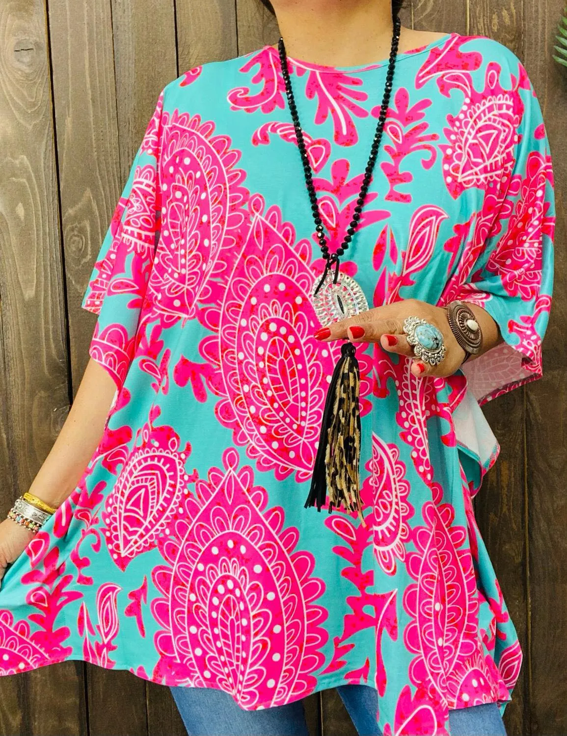 Turquoise Poncho with Pink paisley print