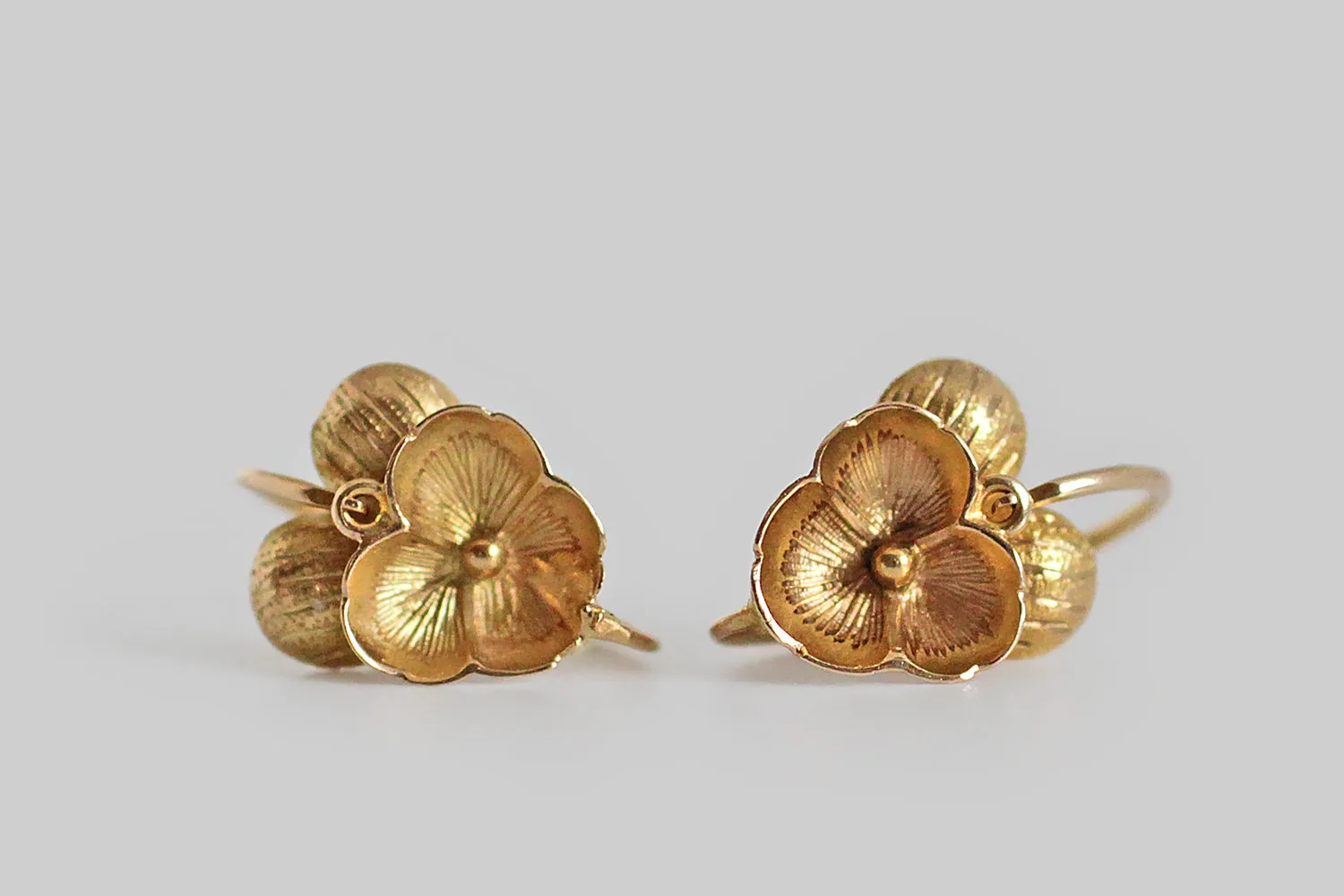 Victorian Era Miniature Pansy Dormeuse Earrings in 18k Gold