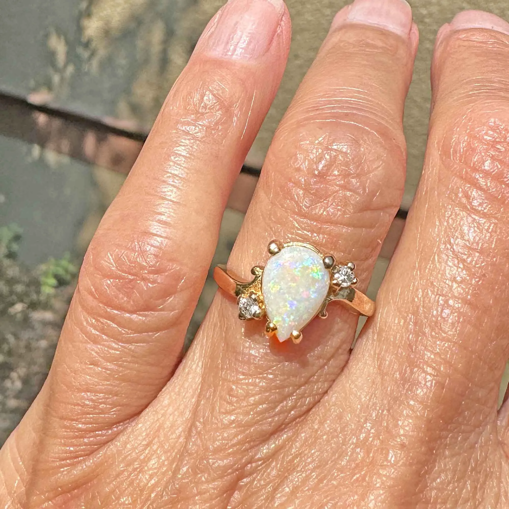 Vintage 14K Gold Bypass Diamond Pear Cut Opal Ring