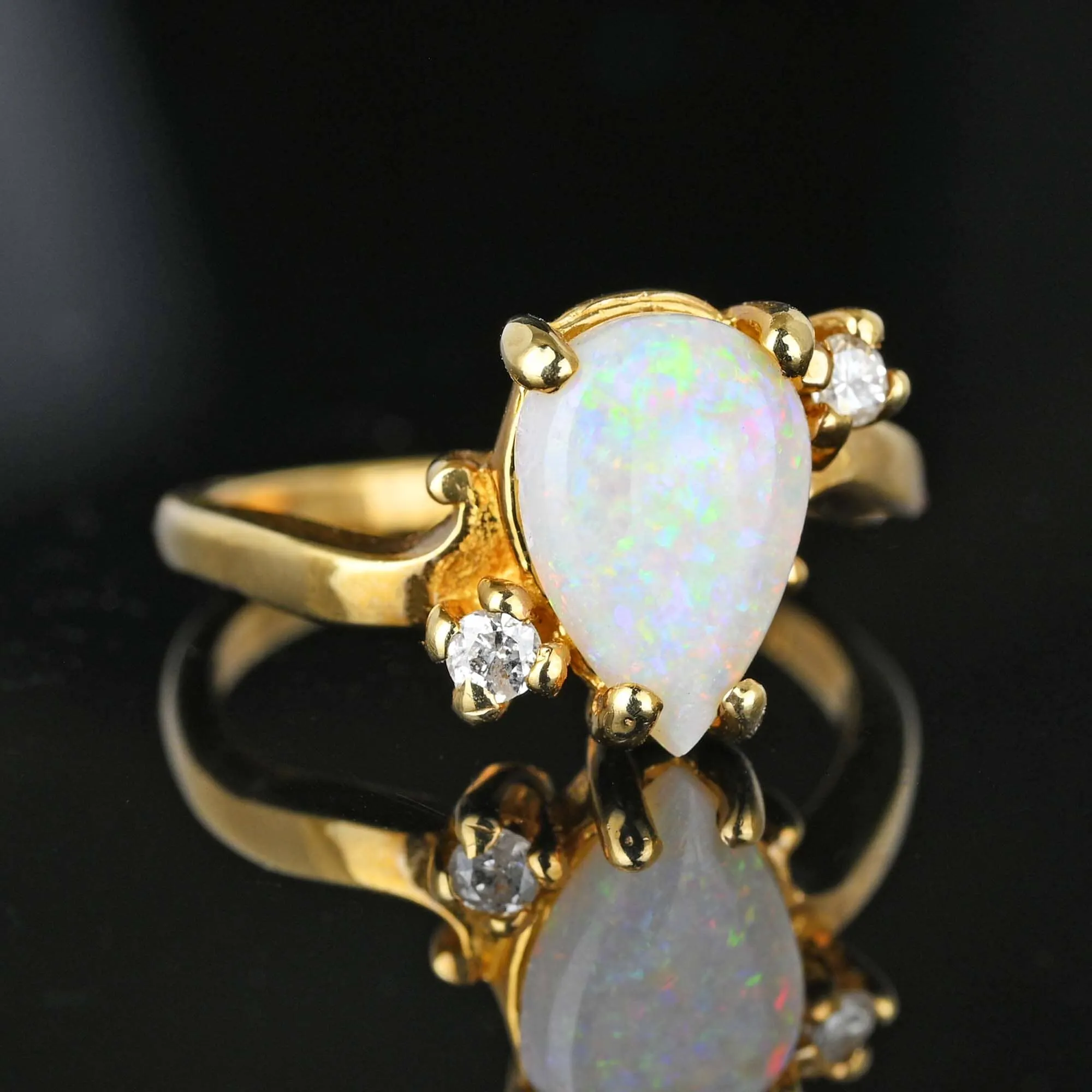 Vintage 14K Gold Bypass Diamond Pear Cut Opal Ring