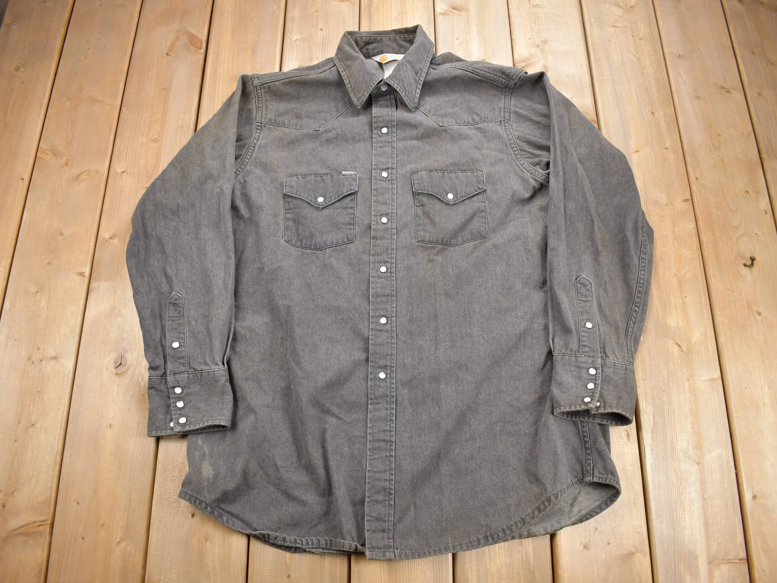 Vintage 1990s Carhartt Rugged Outdoor Wear Snap Button Up Shirt / 1990s Button Up / Vintage Workwear / Sun Faded / Made In USA