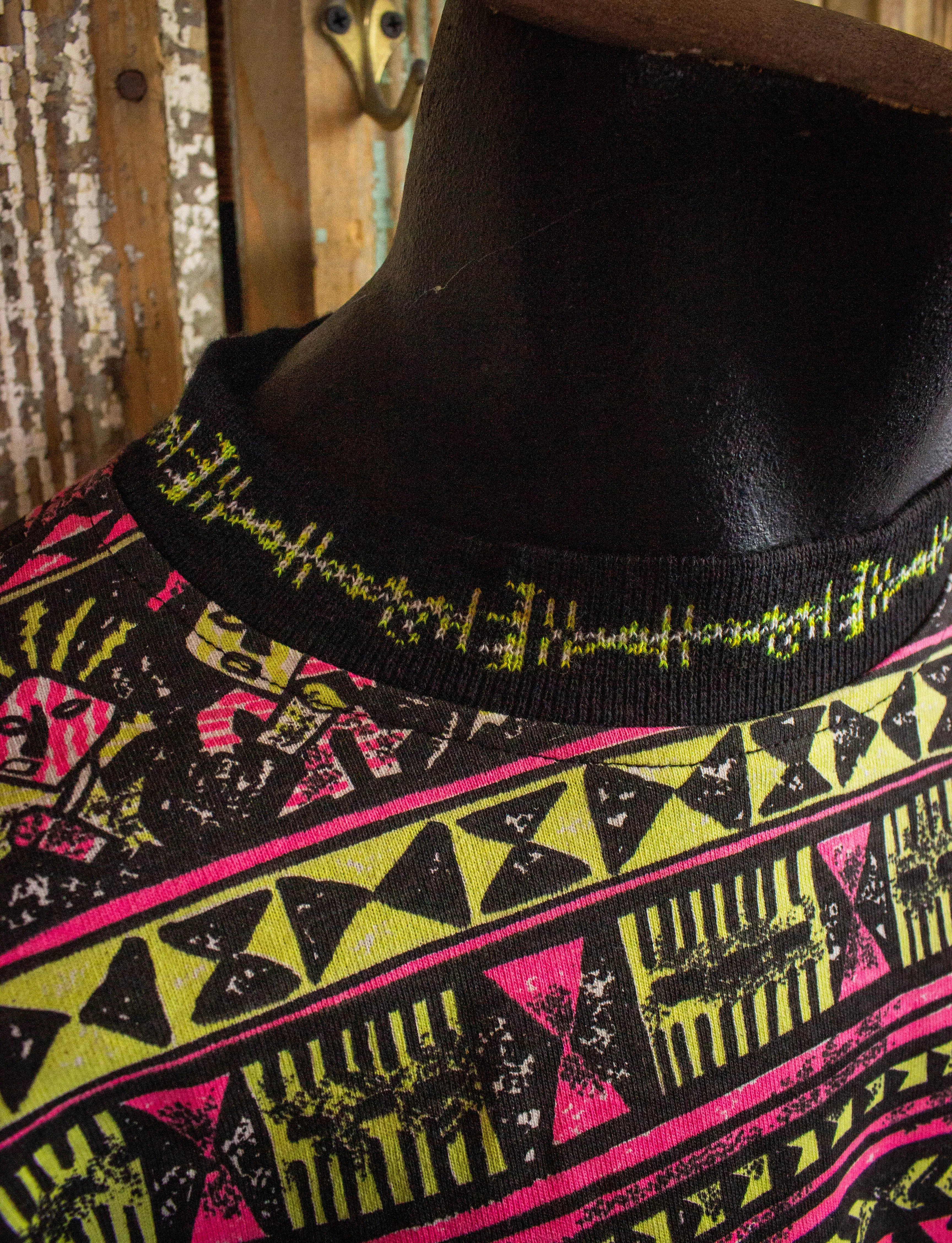 Vintage New Planet Geometric Patterned Long Sleeve Skater Shirt 80/90s Pink, Yellow, and Black XL